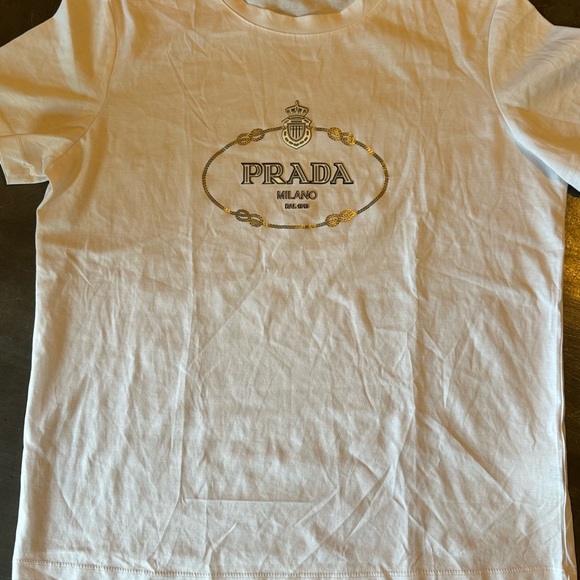 Prada White and Gold Logo T-Shirt - Picture 1 of 2